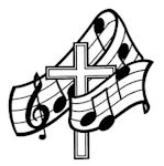 Graphic of a cross with a music staff surrounding the cross.