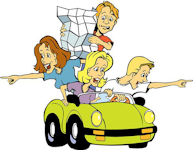 Graphic of a car with paasengers pointing in opposite directions and one passenger studying a map.