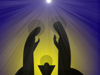 graphic of two peoople kneeling at the manger